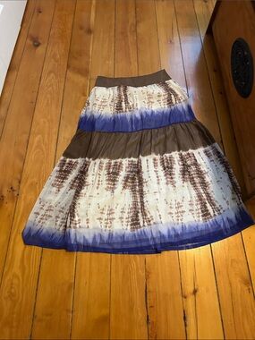 Promod Tiered Tie-Dye Maxi Skirt in Blue, Brown & White